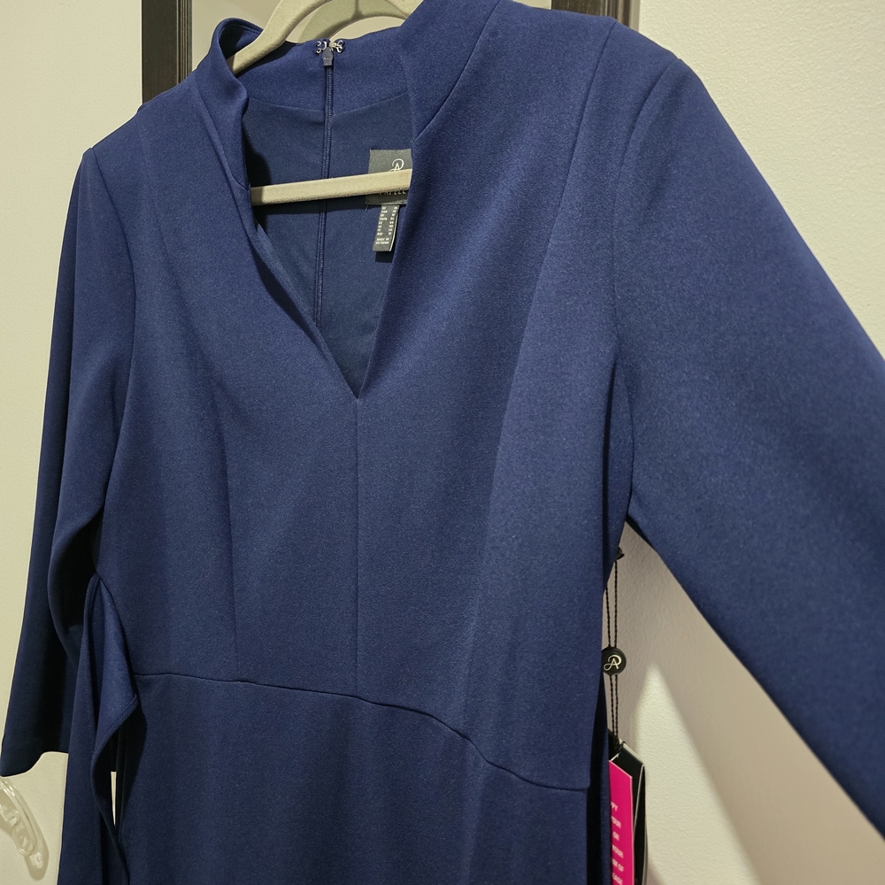 Adrianna Papell Navy, Tie-Waist 3/4 Sleeve, Midi, Sheath Dress Size 14 - Picture 11 of 15